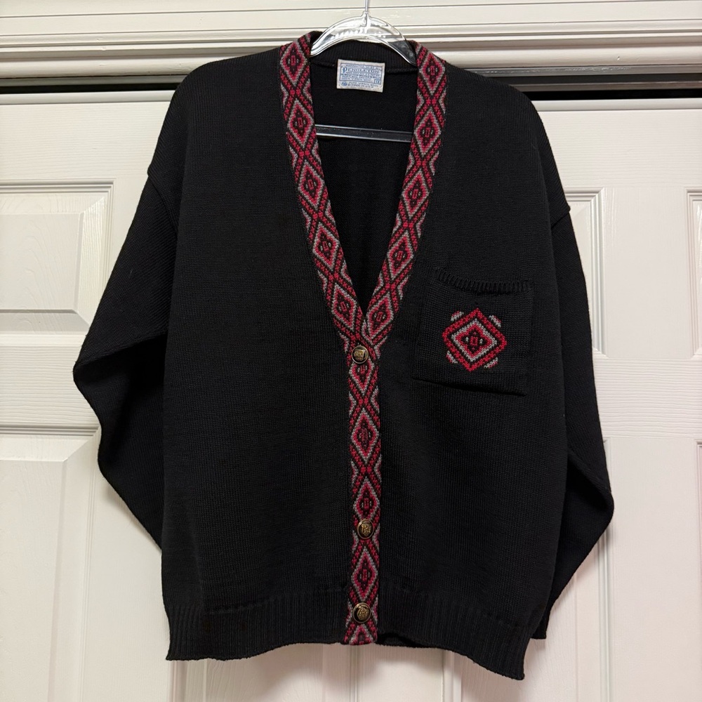 Vintage Black and Red Patterned Trim Sweater